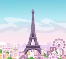 Schilderijen op glas Vector illustration of beautiful skyline city view with buildings and trees in pastel colors. Symbol of Paris in flat cute style with city and Eiffel tower, France. © Natalia