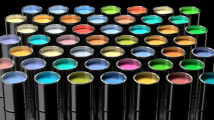 Big collection of metal paint cans with many different rainbow colors, various saturation and tone range.