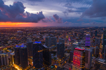 Aerial image beautiful city lights Miami Brickell