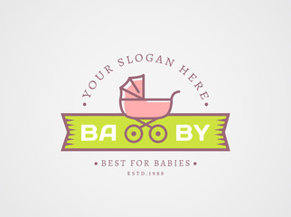 Pram logo. Vector emblem with a baby stroller.