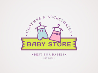 Naklejka premium Baby shop logo. Vector symbol with children's clothes.