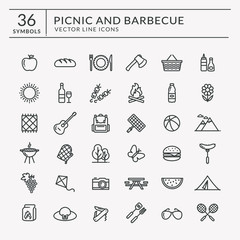 Picnic and barbecue line icons.