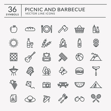 Picnic and barbecue line icons.