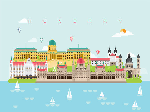 Hungary Famous Landmarks Infographic Templates for Traveling Minimal Style and Icon, Symbol Set Vector Illustration Can be use for Poster Travel book, Postcard, Billboard