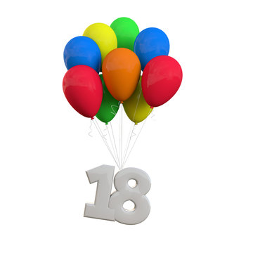 Number 18 party celebration. Number attached to a bunch of balloons. 3D Rendering