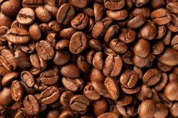 Roasted Coffee Beans (Arabica). Top View. CloseUp. Macro. Texture, Background Series.