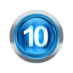 Number ten icon blue with metallic edging. Isolated on white background.