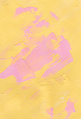 Yellow background with pink parts. Hand painted backdrop, palette knife, acrylic art
