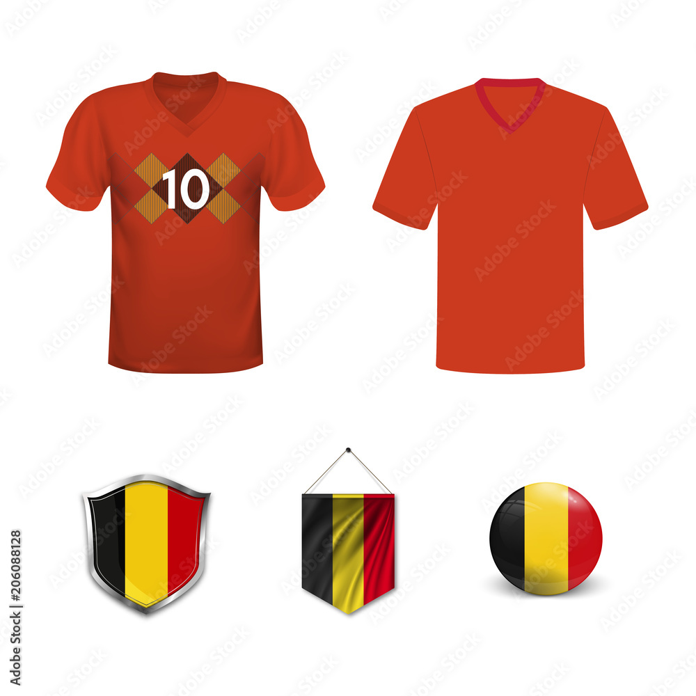 Wall mural set of t-shirts and flags of the national team of belgium. vector illustration.