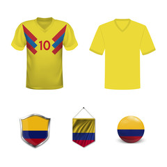 Set of T-shirts and flags of the national team of Colombia. Vector illustration.