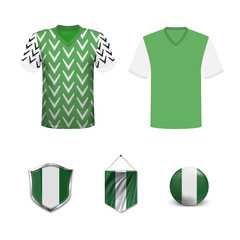 Set of T-shirts and flags of the national team of Nigeria. Vector illustration.