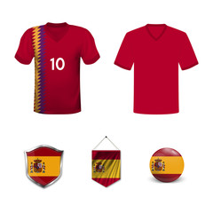 Set of T-shirts and flags of the national team of Spain. Vector illustration.