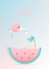 Hello summer concept art in paper art style with pastel color scheme