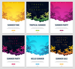 Fototapeta na wymiar Summer Tropical backgrounds set with palms. Summer placard poster flyer invitation card. Summer time. Vector Illustration