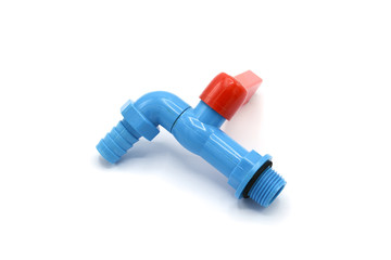 Blue plastic water tap isolated on white background