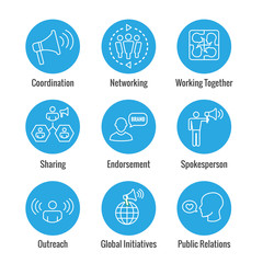 Spokesperson icon set - bullhorn, coordination, pr, and public relations person set