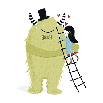 Cute nursery poster with girl and monster. Vector illustration in scandinavian style