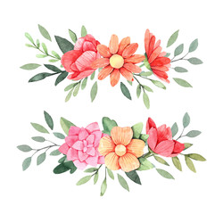 Hand drawn watercolor illustration. Botanical bouquets with green branches, berries and flowers. Summer mood. Floral Design elements. Perfect for invitations, greeting cards, prints, posters