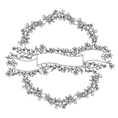 wreath leafs with ribbon frame vector illustration design