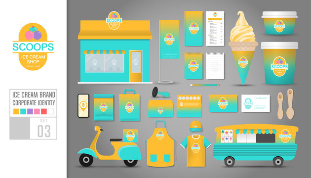 Corporate identity template Set 3. Logo concept for ice cream shop, cafe, restaurant. Realistic mock up template set of shop, car, t-shirt, apron, cap, cup, menu, rubber stamp, scooter, package.