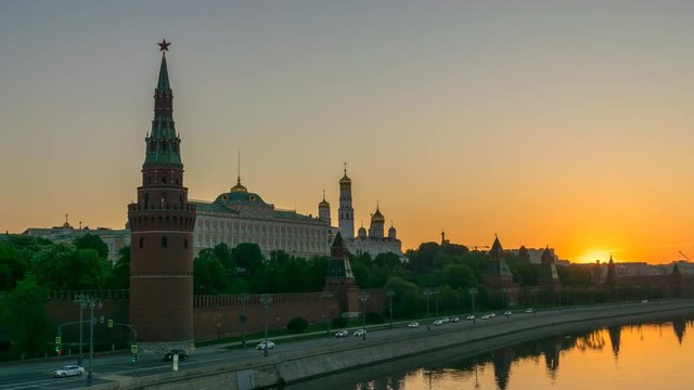 Moscow city skyline night to day sunrise motion timelapse or hyperlapse at Kremlin Palace Red Square and Moscow River, Moscow Russia 4K Time Lapse