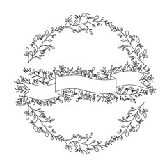 wreath leafs with ribbon frame vector illustration design