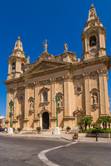 Fototapeta na wymiar Nashshar, Malta. Facade of the Church of the Nativity of the Virgin Mary, 1630