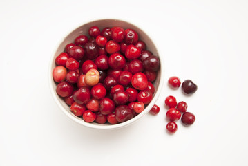 Cherries. Cherry. Cherries in bowl and kitchen napkin. Red cherry. Fresh cherries. Cherry on white background. healthy food concept