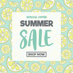Summer Sale - cute poster with lemons. Vector.