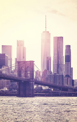 Fototapeta na wymiar Vintage toned picture of Manhattan skyline at sunset, New York City, USA.