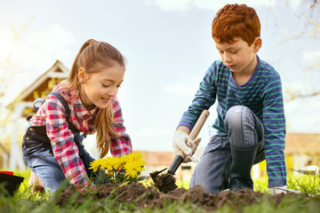 Interesting activity. Cheerful positive girl planting flowers while being together with her brother