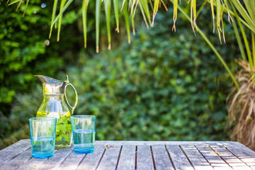 Refreshing lemonade with oranges and mint on wooden table. on a summer day with colorful green plants on the background.