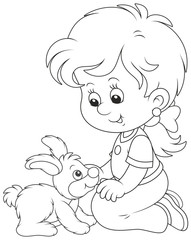 Little smiling girl playing with her small rabbit, black and white vector illustration in a cartoon style for a coloring book