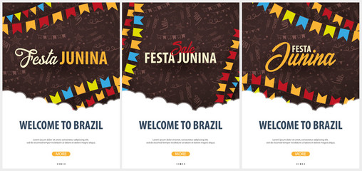 Set of Festa Junina backgrounds with hand draw doodle elements and party flags. Brazil or Latin American holiday. Vector illustration