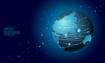 Planet Earth cryptocurrency bitcoin sign. Online internet network communication mining. International global finance system. Asia continent China India Japan flat cartoon vector illustration