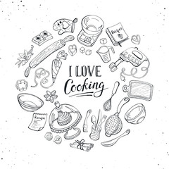 I love cooking poster.  Baking tools in circle shape. Poster with  hand drawn kitchen utensils isolated on white background.