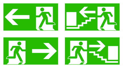 Emergency exit safety sign. White running man icon on green background - left, right and stairs version. - obrazy, fototapety, plakaty