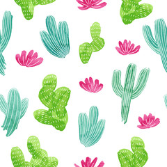 Pattern from watercolor cactus on white background. Vector illustration.