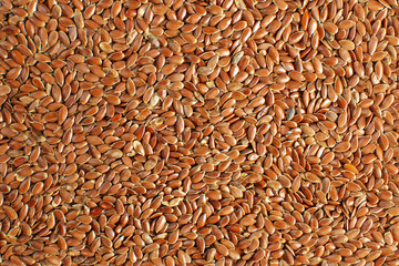 Closeup detail photo of flax (Linum usitatissimum) seeds heap, shot from above.