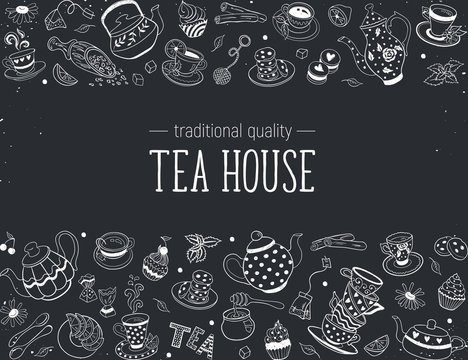 Horizontal border from tea time doodle elements. Hand drawn tea vector frame. Teapots, cups, cupcakes and sweets on chalkboard. Design elements.