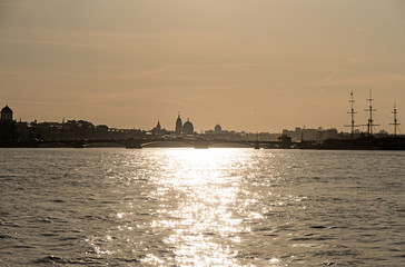 Palace bridge on the sunset in Saint-Petersburg.