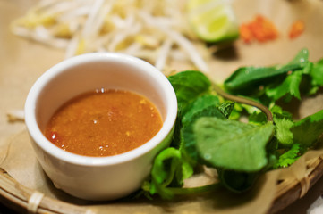 Sauce with bean sprouts in the Asian restaurant.