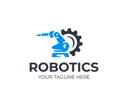 Robotic manipulator arm logo template. Handling robot vector design. Industrial mechanical arm logotype