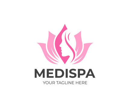 Medical spa salon logo template. Beauty care vector design. Lotus flower and woman's face logotype