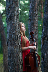 Beautiful woman in red dress with cello in the pine forest © Andrey Milkin