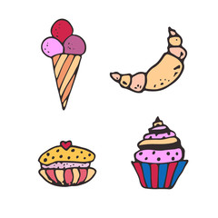 Desserts Vector icons. Hand drawn Sticker design. Ice Cream. Macaroon. Croissant