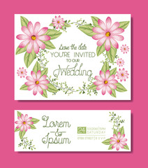 wedding and married invitation set cards with garlands vector illustration