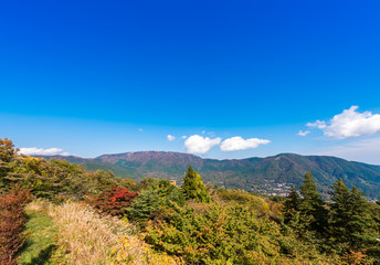 Fototapeta na wymiar View of the mountain landscape in Hakone, Japan. Copy space for text.