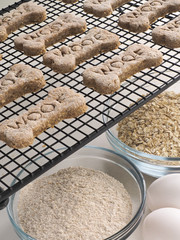 Homemade dog treats and ingredients with the word Woof 