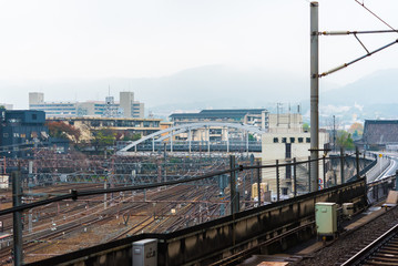 Fototapeta premium Landscape of the railway station in Kyoto, Japan. Copy space for text.